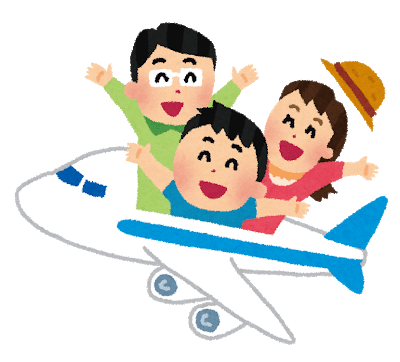 飛行機に乗る親子（イラスト）